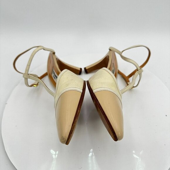 Celine Women Size EU 37.5 US 7 Cream Tan Pointed Toe T strap Heel Pump Sandal - Picture 9 of 16